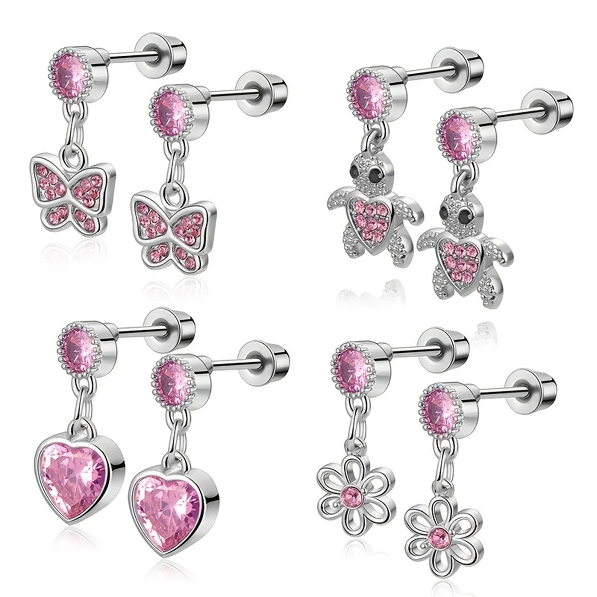 2/4pcs Stainless Steel Cute Pendant Cubic Zirconia Screw back Stud Earring,Daith Cartilage Tragus Helix Conch Piercing Jewelry