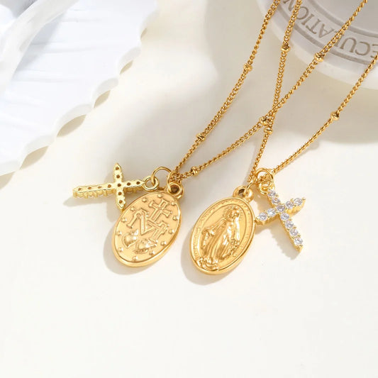 Zircon Cross Virgin Mary Pendant Necklace for Women,Stainless Steel Gold Plated Bead Chain Necklace, Religious Prayer Jewelry