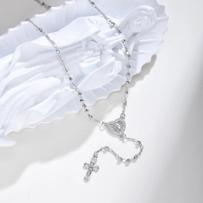 Zirconia Heart Virgin Mary Rosary Bead Cross Necklace for Women, Long Chain Cross Pendant Christian Catholic Religious Jewelry