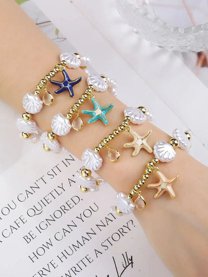 Hot Sale White Shell Woven Starfish Pendant Gold Plated Copper Bead Bracelet Luxury for Woman Girl New Trend Party Jewelry
