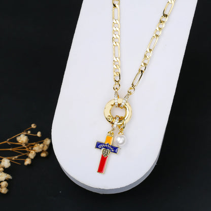 Classic Venezuela Flag Cross Bracelet Earrings Necklace Jewelry Set Luxury for Women Girl Daily Party Pearl Jewelry Gift