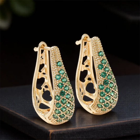 Green Crystal Round Stone Hoop Earrings For Women Vintage Gold Color Rainbow Zircon Ear Buckle Wedding Jewelry Mother's Day Gift