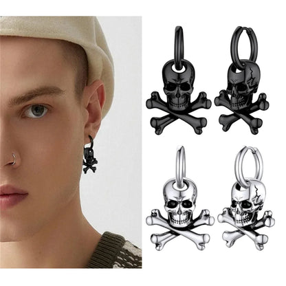 2PCS Hypoallergenic Stainless Steel Vintage Gothic Hollow Three Dimensional Lifelike Skeleton Dangle Huggie Hoop Skull Earrings