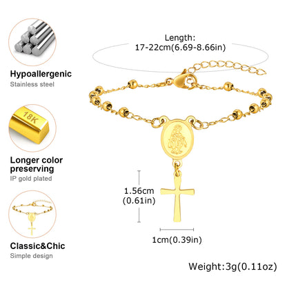 Rosary Stainless Steel Women Bracelet Girls Religious Cross And Virgin Mary Prayer Bracelet Mom Girlfriend Valentine's Day Gift