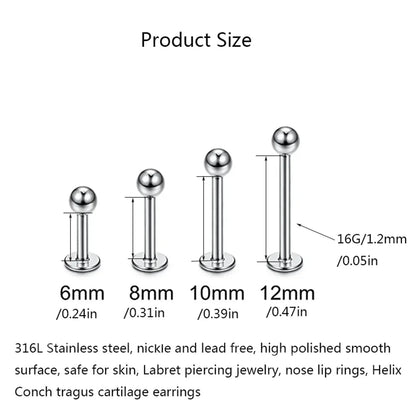 15Pcs 16G Stainless Steel Lip Rings For Women Men,Labret Nose Studs Piercing 6/8/10/12mm Cartilage Tragus Helix Earring