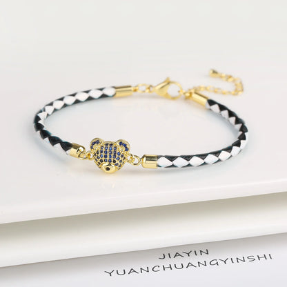 Adjustable Leather Braided Zirconia Bear Bracelet Classic Woman Animal Bracelet Fashion for Party Jewelry Gift Accessories