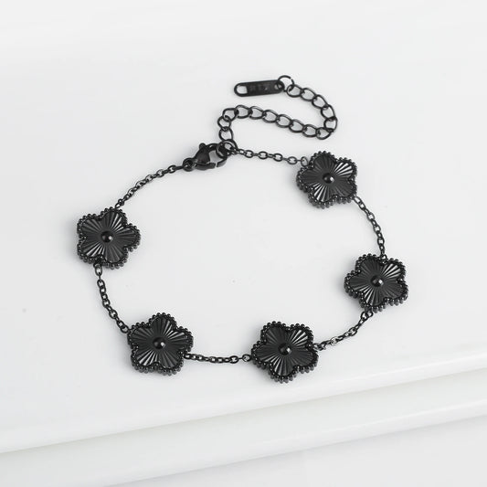 Classic Black/Gold/Silver Stainless Steel Metal Laser Five Leaf Flower Bracelet for Woman Brand Jewelry Party Gift Clover