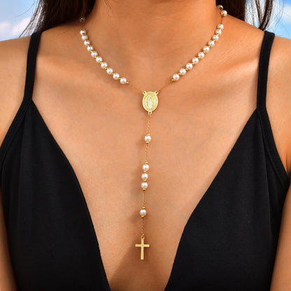 Imitation Pearl Beaded Chain Holy Virgin Mary Y-Shaped Necklace, Stainless Steel Cross Pendant Necklace,Religious Prayer Jewelry