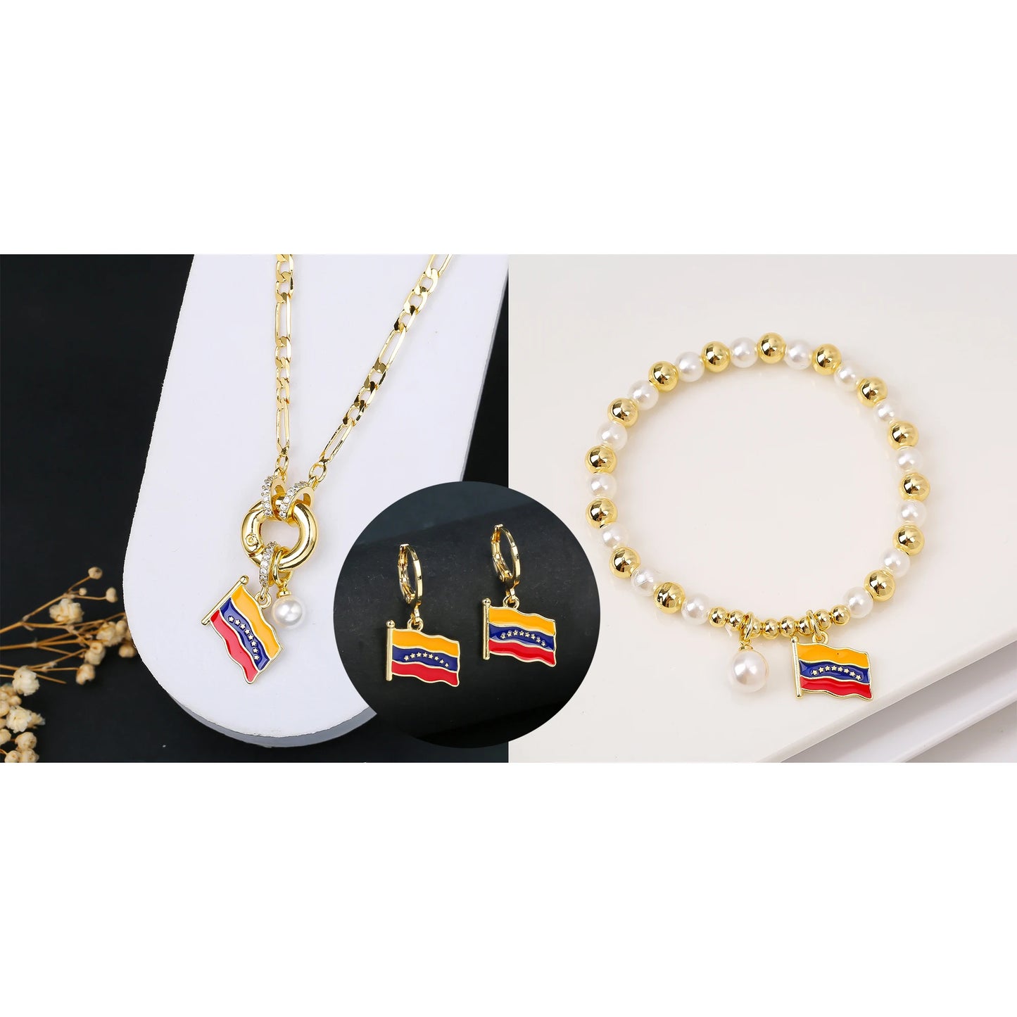 Classic Venezuela Flag Cross Bracelet Earrings Necklace Jewelry Set Luxury for Women Girl Daily Party Pearl Jewelry Gift