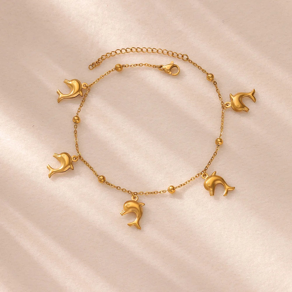 Starfish Dolphin Pendant Anklet Bracelet for Women Stainless Steel Gold Color Anklets Boho Summer Beach Jewelry Foot Accessories