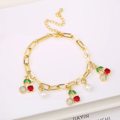 17 Colors Gold Plated Fruit Cherry Crystal Zirconia Adjustable Pearl Bracelet Luxury for Women Girls Casual Daily Party Jewelry