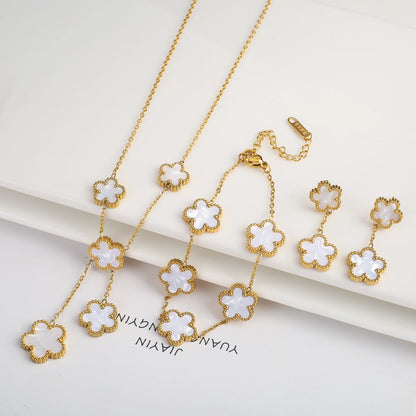 Simple Stainless Steel Laser Plum Blossom Five Leaf Flower Bracelet Necklace Earrings Jewelry Set Women's Party Jewelry Clover