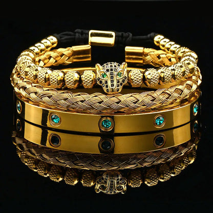 Luxury Black Stone Beads Leopard Head Man Bracelet Enamel Stainless Steel Roman Bangles Women Jewelry Set