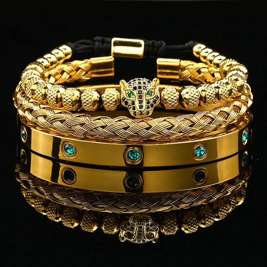 Luxury Black Stone Beads Leopard Head Man Bracelet Enamel Stainless Steel Roman Bangles Women Jewelry Set
