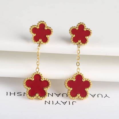 7 Color Bracelet Earrings Stainless Steel Five Leaf Flower Jewelry Set High Quality Woman Classic Daily Party Jewelry Clover New