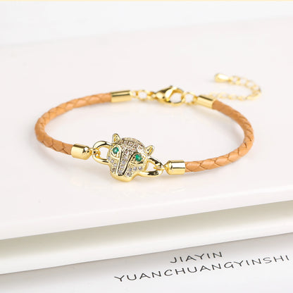 15 Style Hot Sale Shiny Zirconia Animal Leopard Head Leather Braided Bracelet Hip Hop for Men Women Fashion Jewelry Accessories
