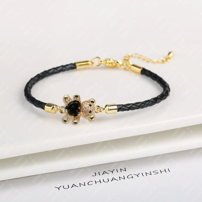 Adjustable Cute Crystal Cubic Zirconia Bear Leather Rope Bracelet Classic for Woman Girl Wrist Jewelry Daily Wear Drop Shipping