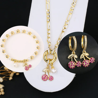 3pcs Hot Sale Shiny Zirconia Crystal Cherry Necklace Bracelet Earrings Jewelry Set Fashion for Woman Girl Wedding Lucky Jewelry