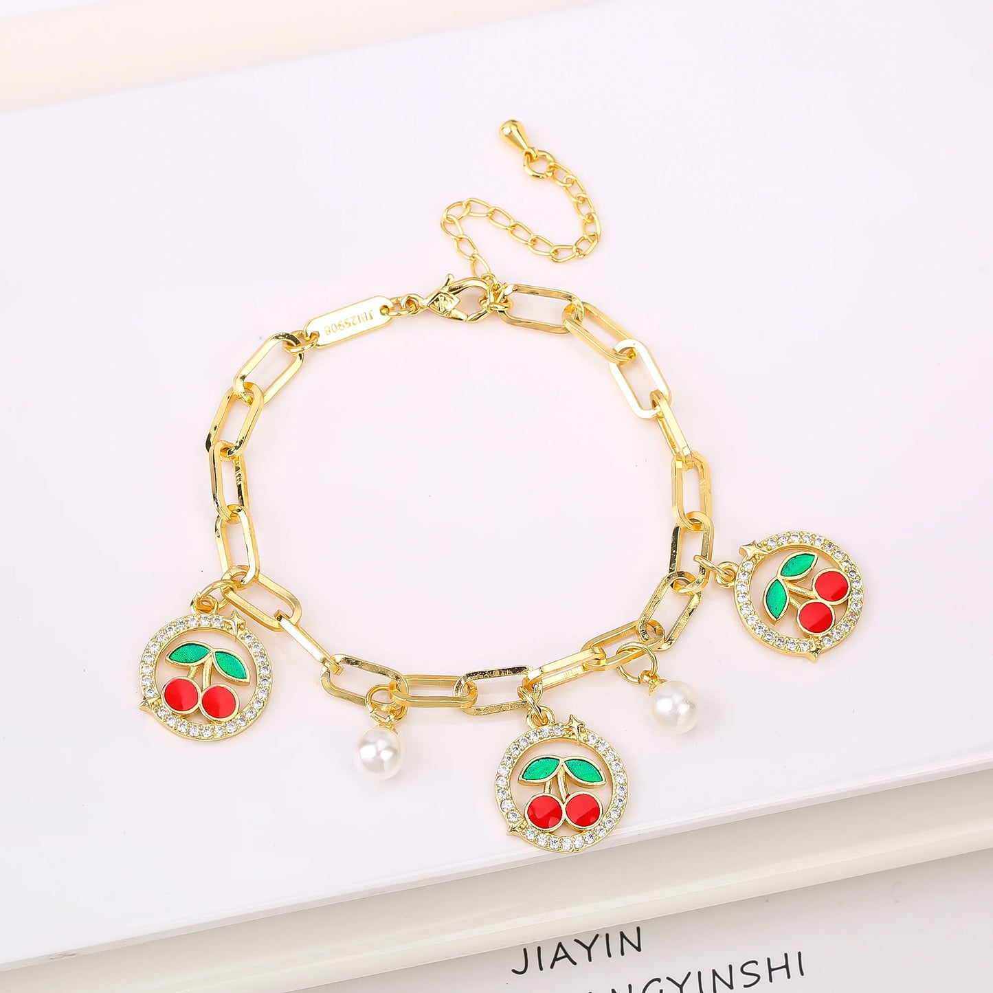 17 Colors Gold Plated Fruit Cherry Crystal Zirconia Adjustable Pearl Bracelet Luxury for Women Girls Casual Daily Party Jewelry