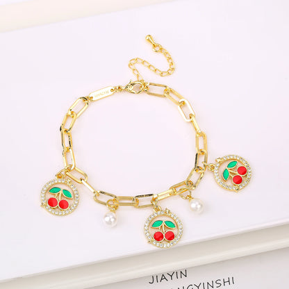17 Colors Gold Plated Fruit Cherry Crystal Zirconia Adjustable Pearl Bracelet Luxury for Women Girls Casual Daily Party Jewelry