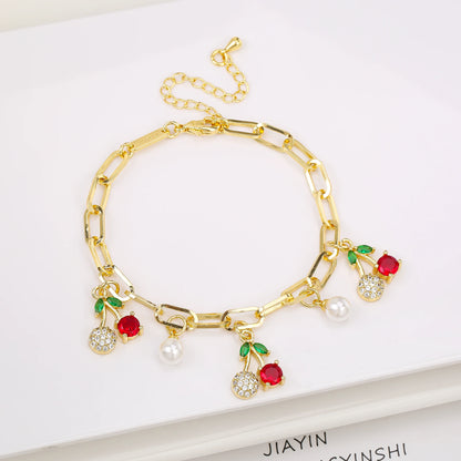 17 Colors Gold Plated Fruit Cherry Crystal Zirconia Adjustable Pearl Bracelet Luxury for Women Girls Casual Daily Party Jewelry